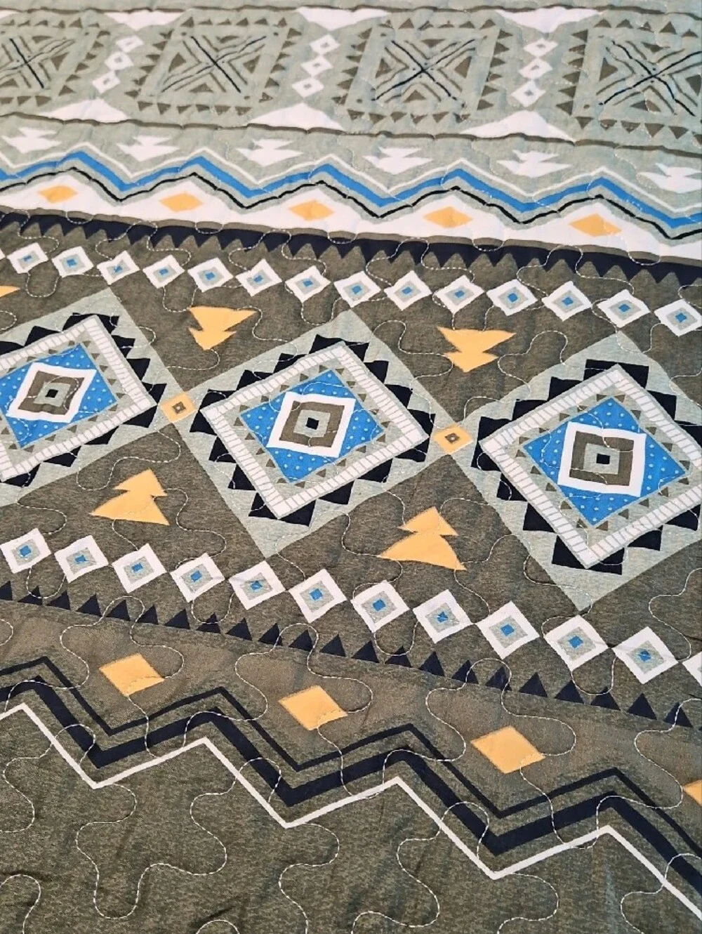 Quilted Bedspread Set in Sage Green and Gray Green with Blue and Yellow Accents